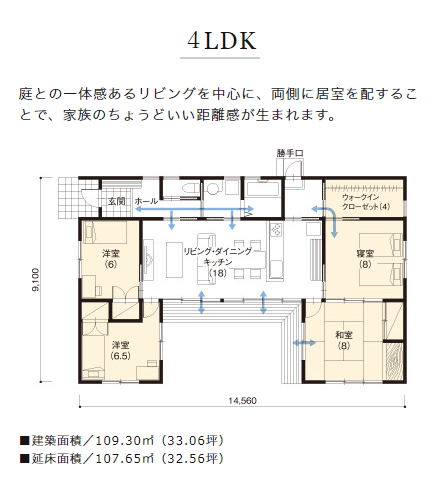 住友林業の平屋　コ型間取り例　4LDK